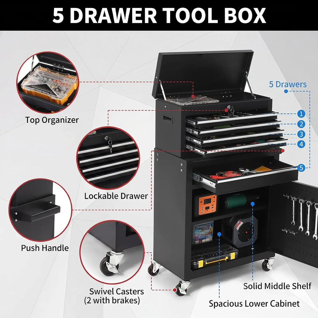 5-Drawer Rolling Tool Cabinet with Lockable Tool Box