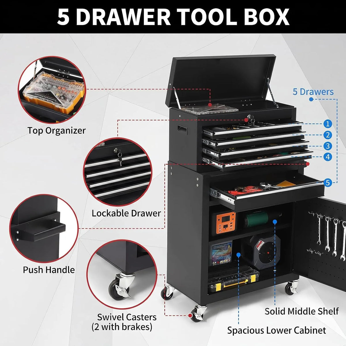 5-Drawer Rolling Tool Cabinet with Lockable Tool Box